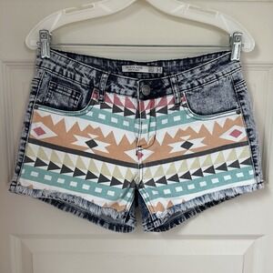 IRIS Jeans Women's Shorts Denim Mini Shorts Native Print Acid Wash Aztec SZ M